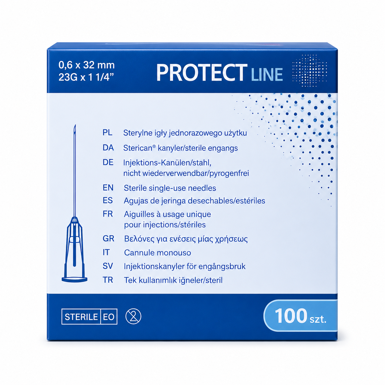 DF723EA6-2039-42CB-8568-583C3AC1F3E5 Igły jednorazowe PROTECT LINE 0,6x32 100 szt. - obrazek 1